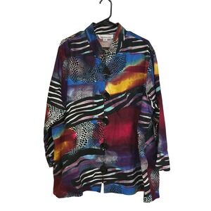 Caroline Rose 2X Linen Jacket Abstract Animal Print Safari Sunset Button Front